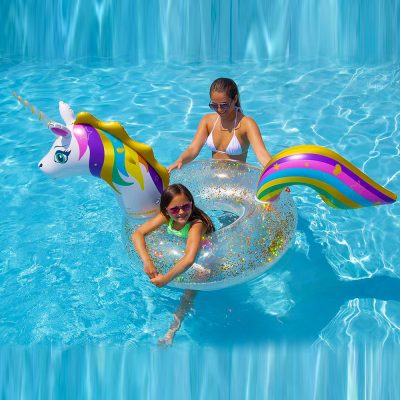 90387 Swimming Pool Inflatable Floating LED Unicorn Glitter Pool Ring